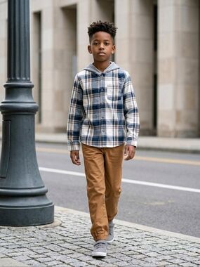 NWT Kids Headquarters 2 PC Hooded Plaid Shirt and Wheat Pants Set ~sz 7